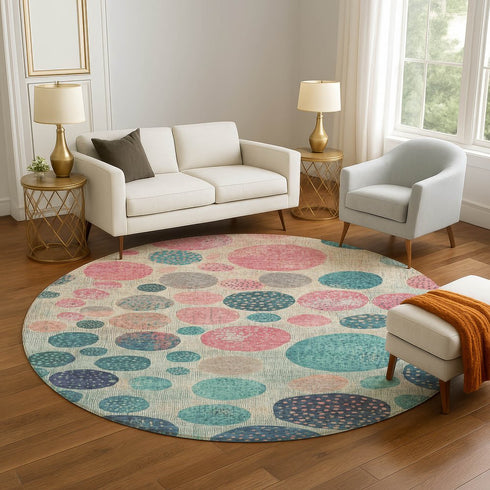 8' Teal Pink And Beige Geometric Washable Round Rug With UV Protection