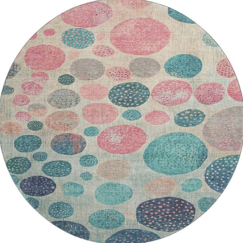8' Teal Pink And Beige Geometric Washable Round Rug With UV Protection