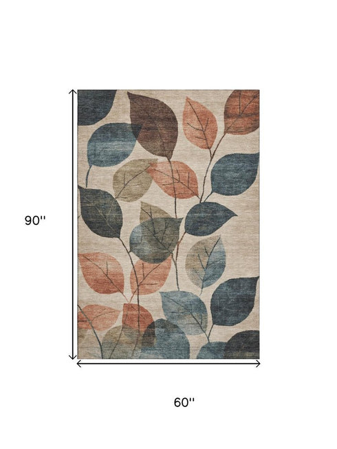 5' X 8' Beige Copper And Denim Blue Floral Washable Area Rug With UV Protection