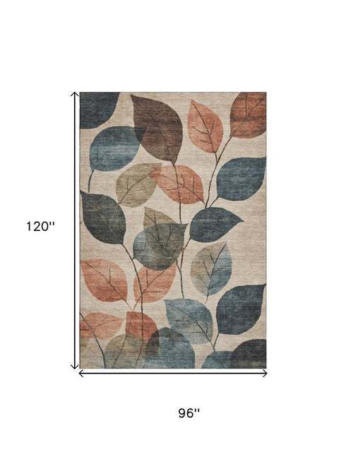8' X 10' Beige Copper And Denim Blue Floral Washable Area Rug With UV Protection