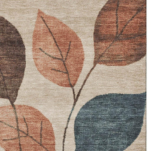 8' X 10' Beige Copper And Denim Blue Floral Washable Area Rug With UV Protection