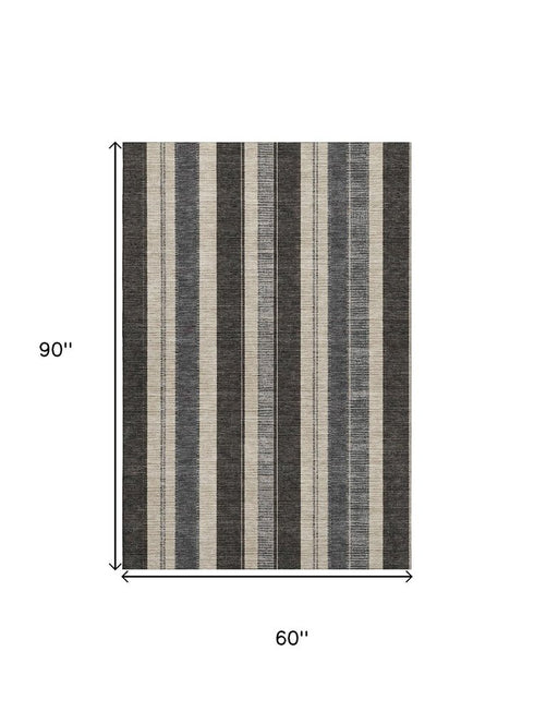 5' X 8' Black Ivory And Gray Striped Washable Area Rug With UV Protection