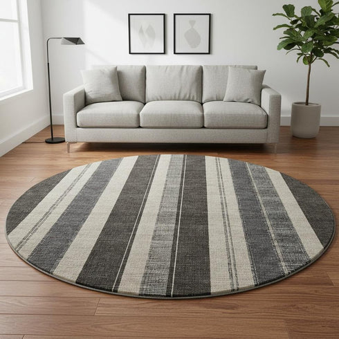 8' Black Ivory And Gray Striped Washable Round Rug With UV Protection