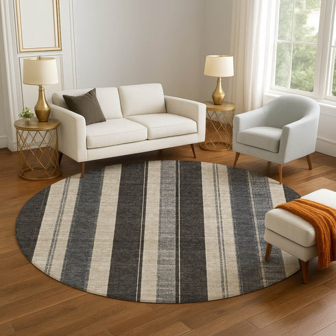 8' Black Ivory And Gray Striped Washable Round Rug With UV Protection