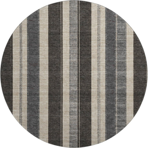 8' Black Ivory And Gray Striped Washable Round Rug With UV Protection