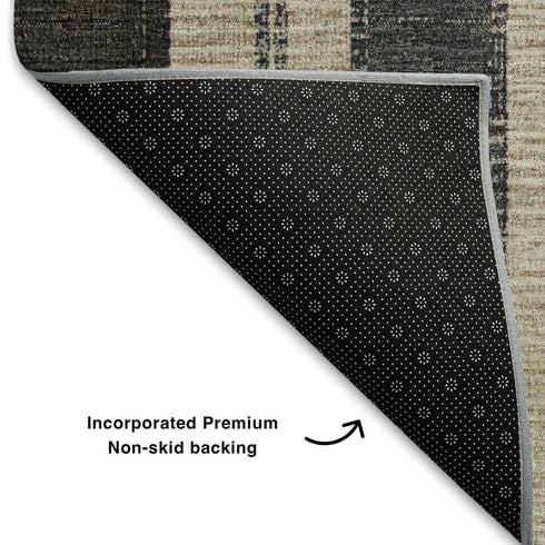 8' Black Ivory And Gray Striped Washable Round Rug With UV Protection