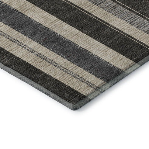8' Black Ivory And Gray Striped Washable Round Rug With UV Protection