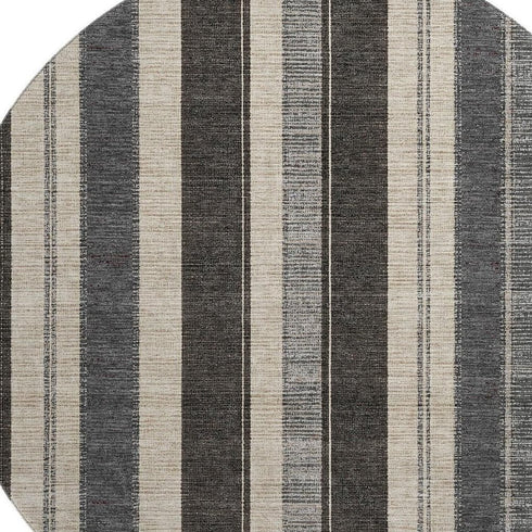 8' Black Ivory And Gray Striped Washable Round Rug With UV Protection