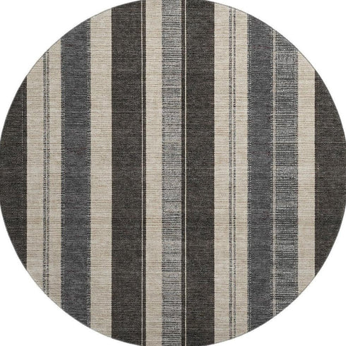 8' Black Ivory And Gray Striped Washable Round Rug With UV Protection