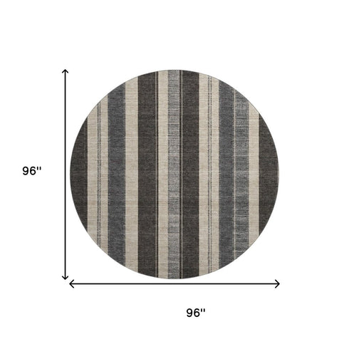 8' Black Ivory And Gray Striped Washable Round Rug With UV Protection