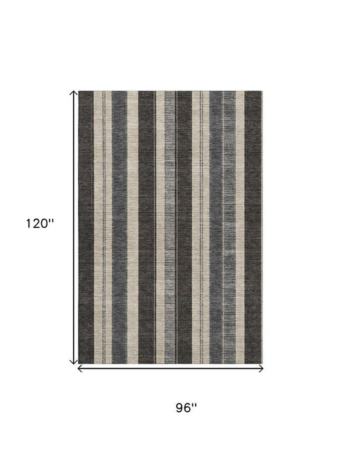 8' X 10' Black Ivory And Gray Striped Washable Area Rug With UV Protection