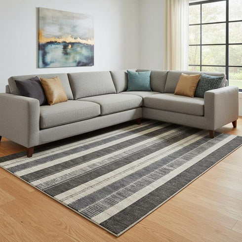 8' X 10' Black Ivory And Gray Striped Washable Area Rug With UV Protection