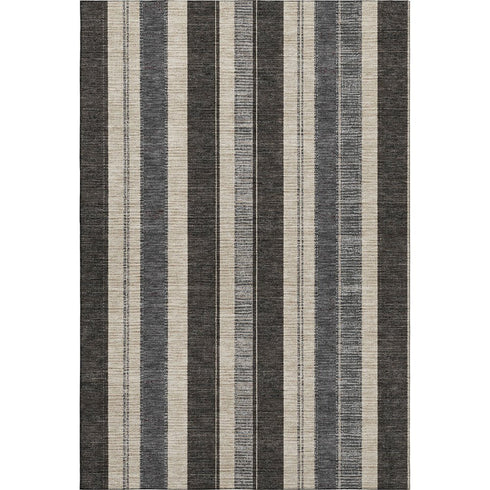 8' X 10' Black Ivory And Gray Striped Washable Area Rug With UV Protection