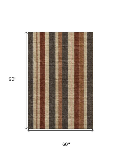 5' X 8' Chocolate Rust And Beige Striped Washable Area Rug With UV Protection