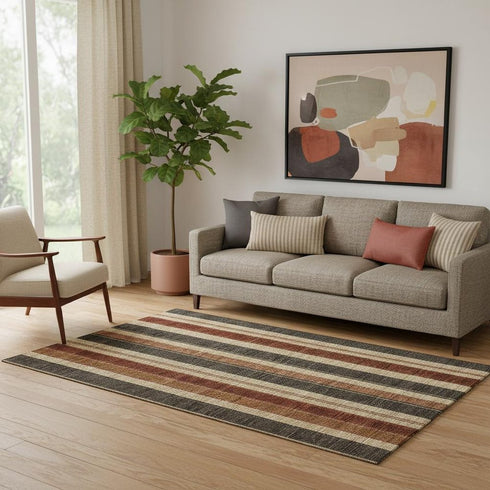 5' X 8' Chocolate Rust And Beige Striped Washable Area Rug With UV Protection