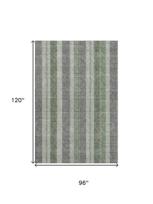 8' X 10' Green And Gray Striped Washable Area Rug With UV Protection