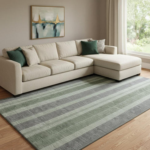 8' X 10' Green And Gray Striped Washable Area Rug With UV Protection