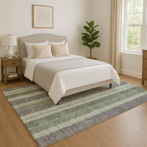 8' X 10' Green And Gray Striped Washable Area Rug With UV Protection