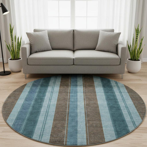8' Teal And Brown Striped Washable Round Rug With UV Protection