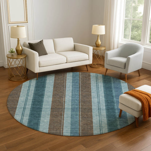 8' Teal And Brown Striped Washable Round Rug With UV Protection