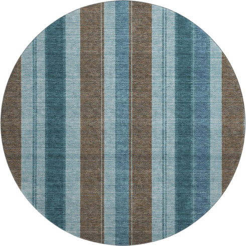 8' Teal And Brown Striped Washable Round Rug With UV Protection