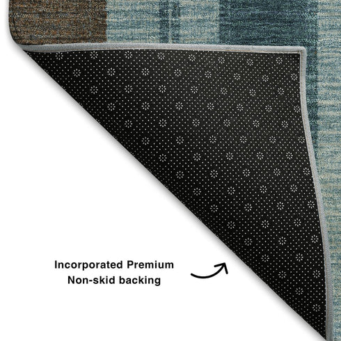 8' Teal And Brown Striped Washable Round Rug With UV Protection