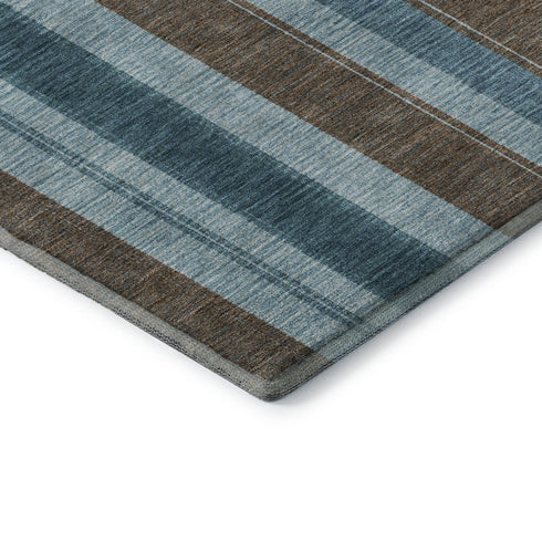 8' Teal And Brown Striped Washable Round Rug With UV Protection
