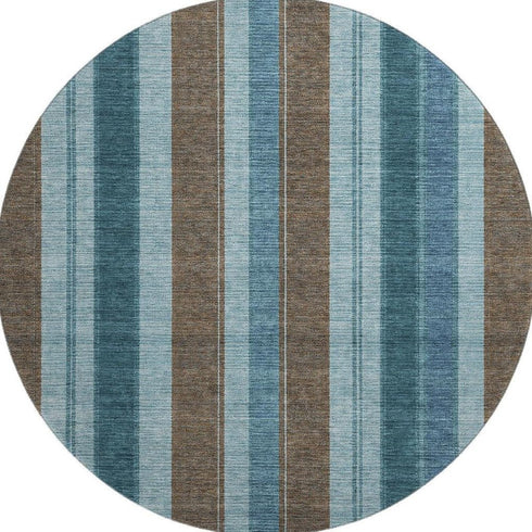 8' Teal And Brown Striped Washable Round Rug With UV Protection