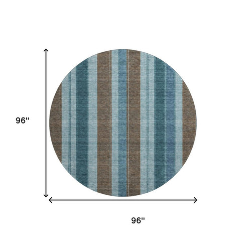 8' Teal And Brown Striped Washable Round Rug With UV Protection