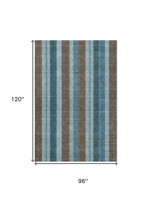 8' X 10' Teal And Brown Striped Washable Area Rug With UV Protection