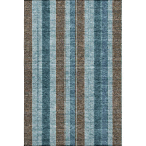 8' X 10' Teal And Brown Striped Washable Area Rug With UV Protection