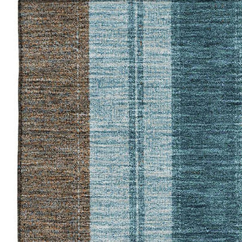 8' X 10' Teal And Brown Striped Washable Area Rug With UV Protection