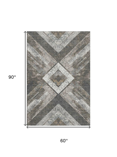 5' X 8' Brown Gray And Ivory Geometric Washable Area Rug With UV Protection