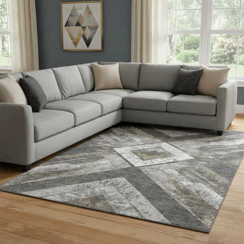 8' X 10' Brown Gray And Ivory Geometric Washable Area Rug With UV Protection