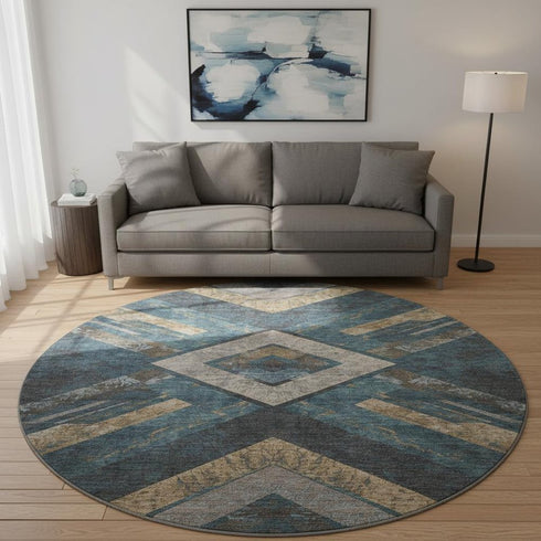 8' Navy Blue Brown And Beige Geometric Washable Round Rug With UV Protection