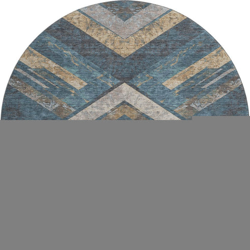 8' Navy Blue Brown And Beige Geometric Washable Round Rug With UV Protection