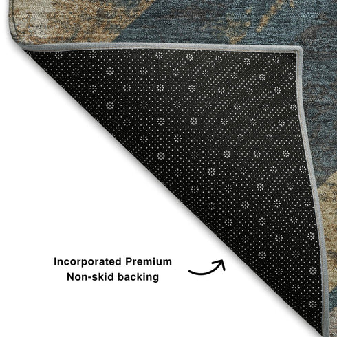 8' Navy Blue Brown And Beige Geometric Washable Round Rug With UV Protection
