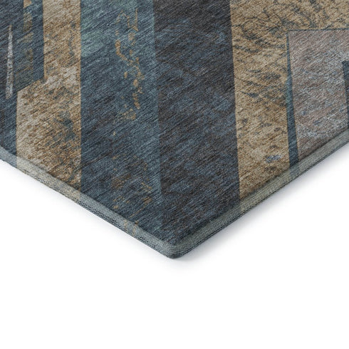 8' Navy Blue Brown And Beige Geometric Washable Round Rug With UV Protection