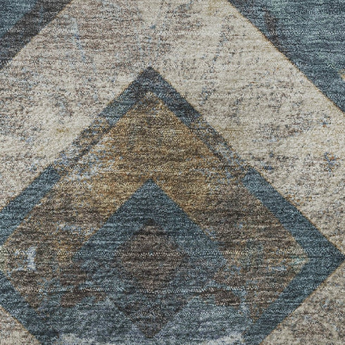 8' Navy Blue Brown And Beige Geometric Washable Round Rug With UV Protection