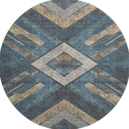 8' Navy Blue Brown And Beige Geometric Washable Round Rug With UV Protection