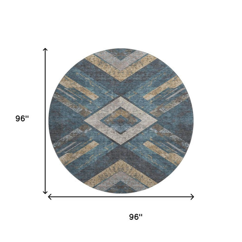 8' Navy Blue Brown And Beige Geometric Washable Round Rug With UV Protection