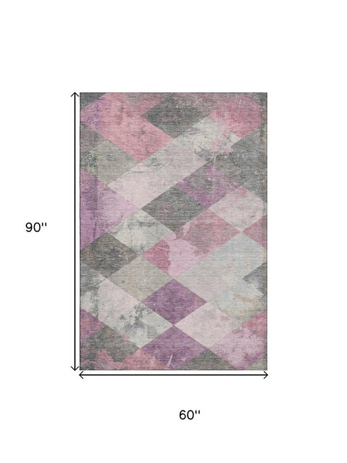 5' X 8' Blush Gray And Silver Geometric Washable Area Rug With UV Protection