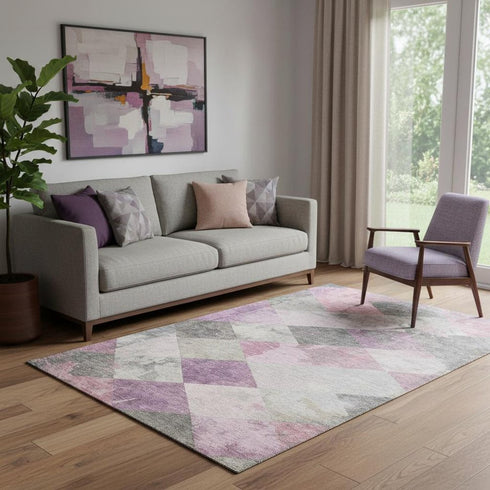 5' X 8' Blush Gray And Silver Geometric Washable Area Rug With UV Protection
