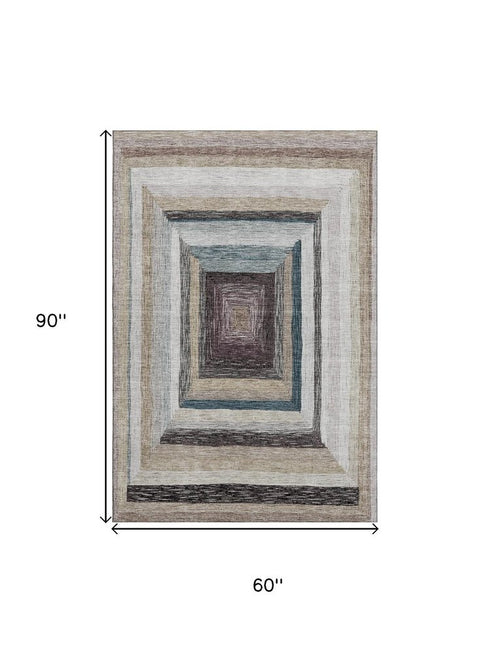 5' X 8' Beige Ivory And Charcoal Geometric Washable Area Rug With UV Protection