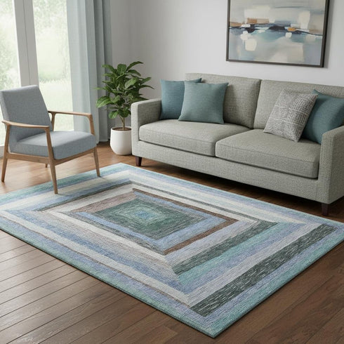 5' X 8' Denim Blue Ivory And Brown Geometric Washable Area Rug With UV Protection