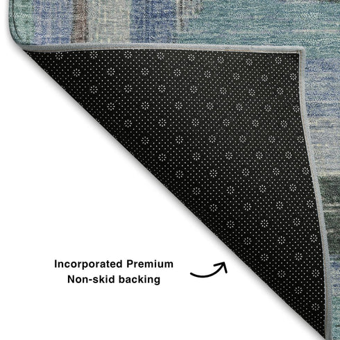 5' X 8' Denim Blue Ivory And Brown Geometric Washable Area Rug With UV Protection