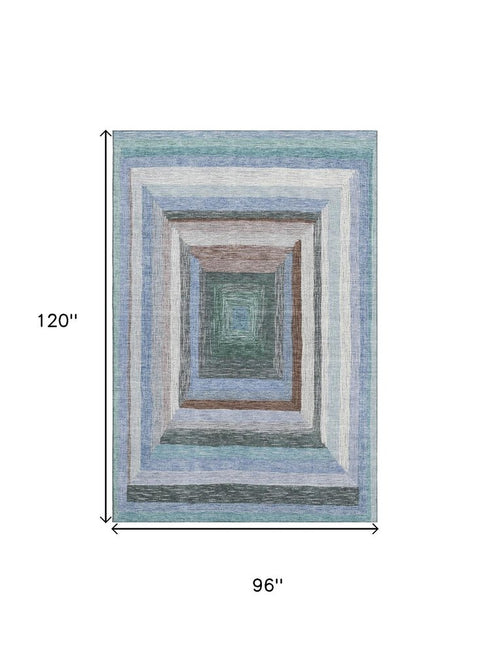 8' X 10' Denim Blue Ivory And Brown Geometric Washable Area Rug With UV Protection