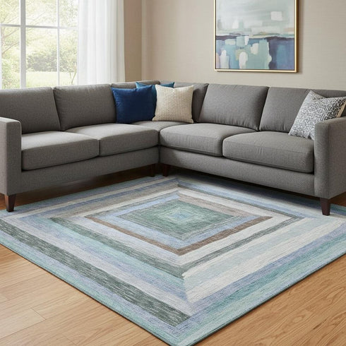 8' X 10' Denim Blue Ivory And Brown Geometric Washable Area Rug With UV Protection