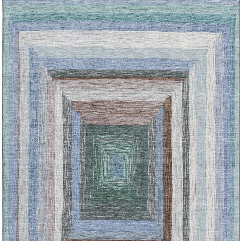 8' X 10' Denim Blue Ivory And Brown Geometric Washable Area Rug With UV Protection