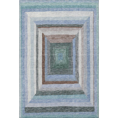 8' X 10' Denim Blue Ivory And Brown Geometric Washable Area Rug With UV Protection
